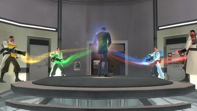 A Spy being healed by 4 different Medics